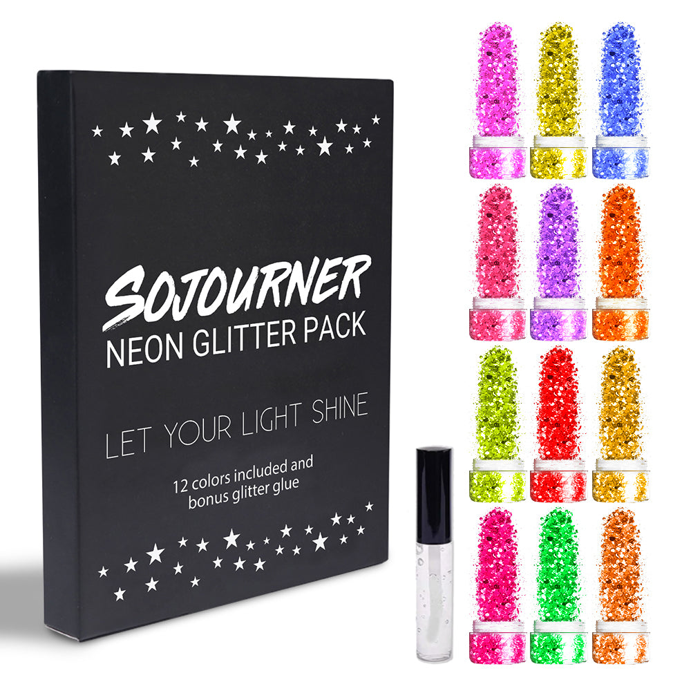 12 pack Neon Glitter + 1 glitter glue Chunky Cosmetic Holographic Glitter | Body, Face & Hair Safe - SoJourner Bags