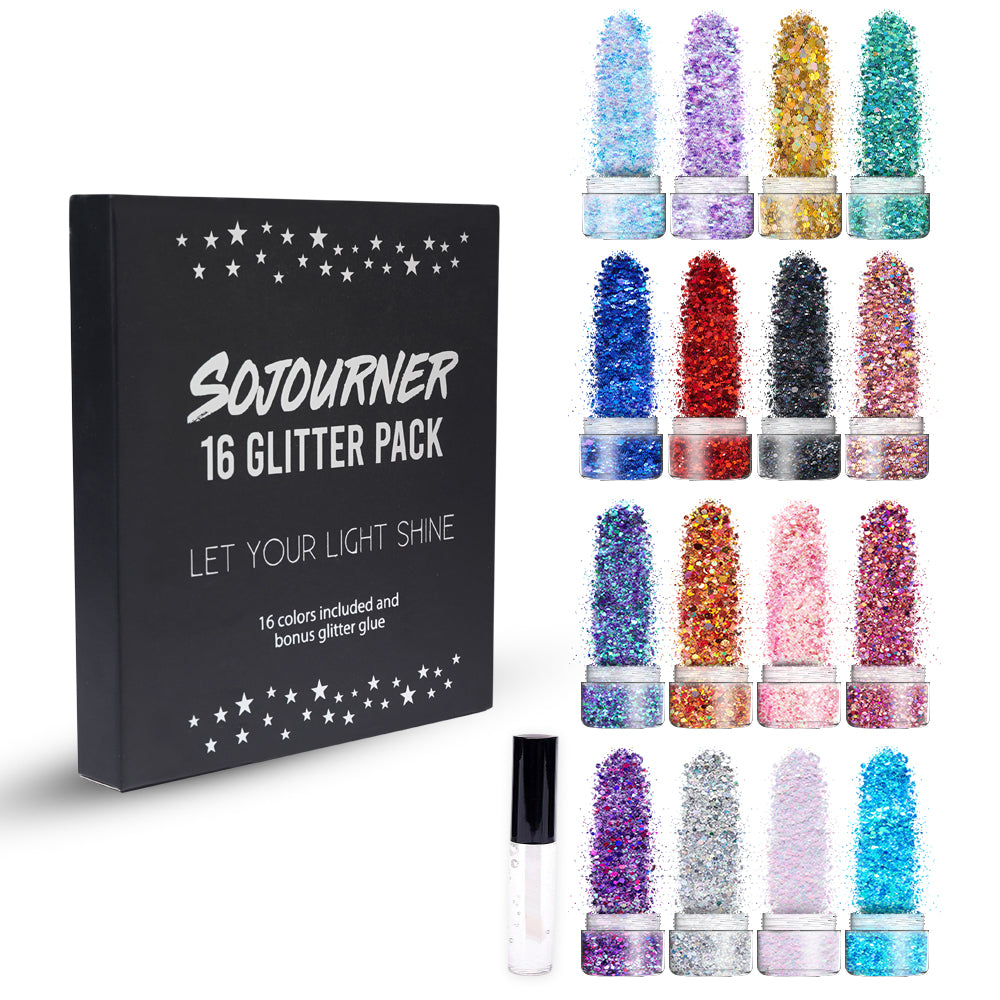 16 pack + 1 glitter glue Chunky Cosmetic Holographic Glitter | Body, Face & Hair Safe - SoJourner Bags