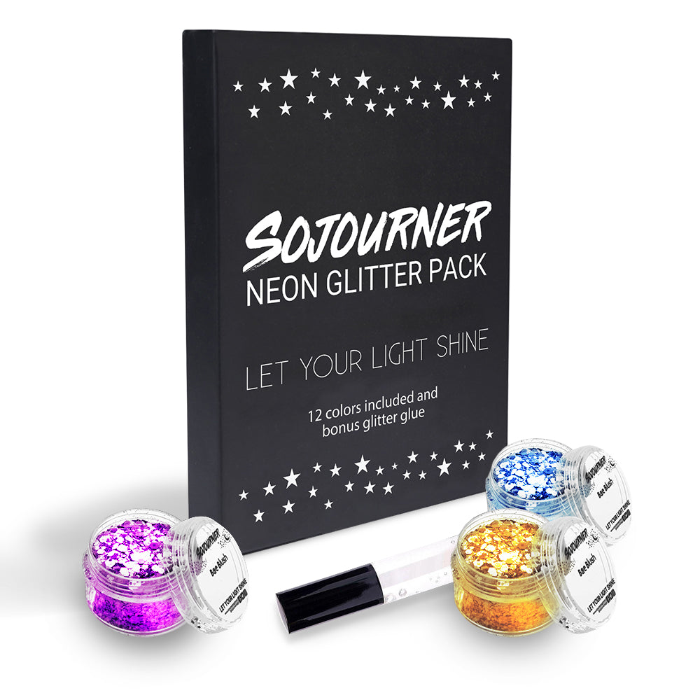 12 pack Neon Glitter + 1 glitter glue Chunky Cosmetic Holographic Glitter | Body, Face & Hair Safe - SoJourner Bags