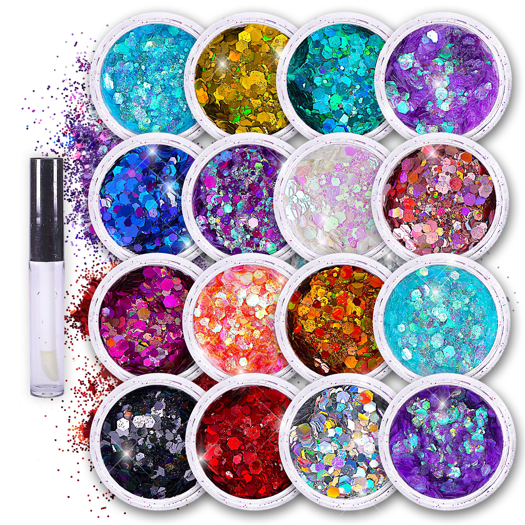 16 pack + 1 glitter glue Chunky Cosmetic Holographic Glitter | Body, Face & Hair Safe - SoJourner Bags
