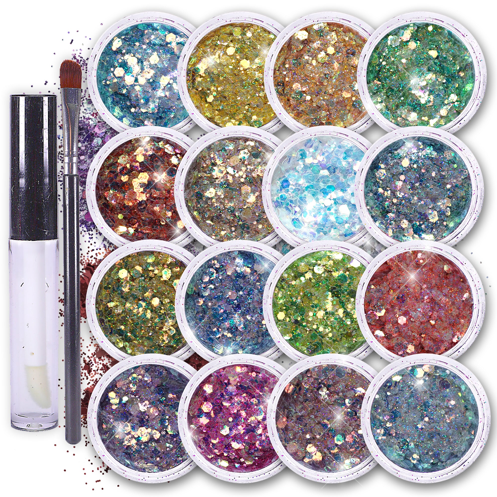 Fairy Tears Chunky Holographic Body Glitter I 16 Colors + Glitter Glue for Face Glitter Makeup, Hair, Eye & Fine Glitter Eyeshadow - Perfect for Halloween, Resin, Tumblers, Craft, Cosmetic & Nail Art - SoJourner Bags