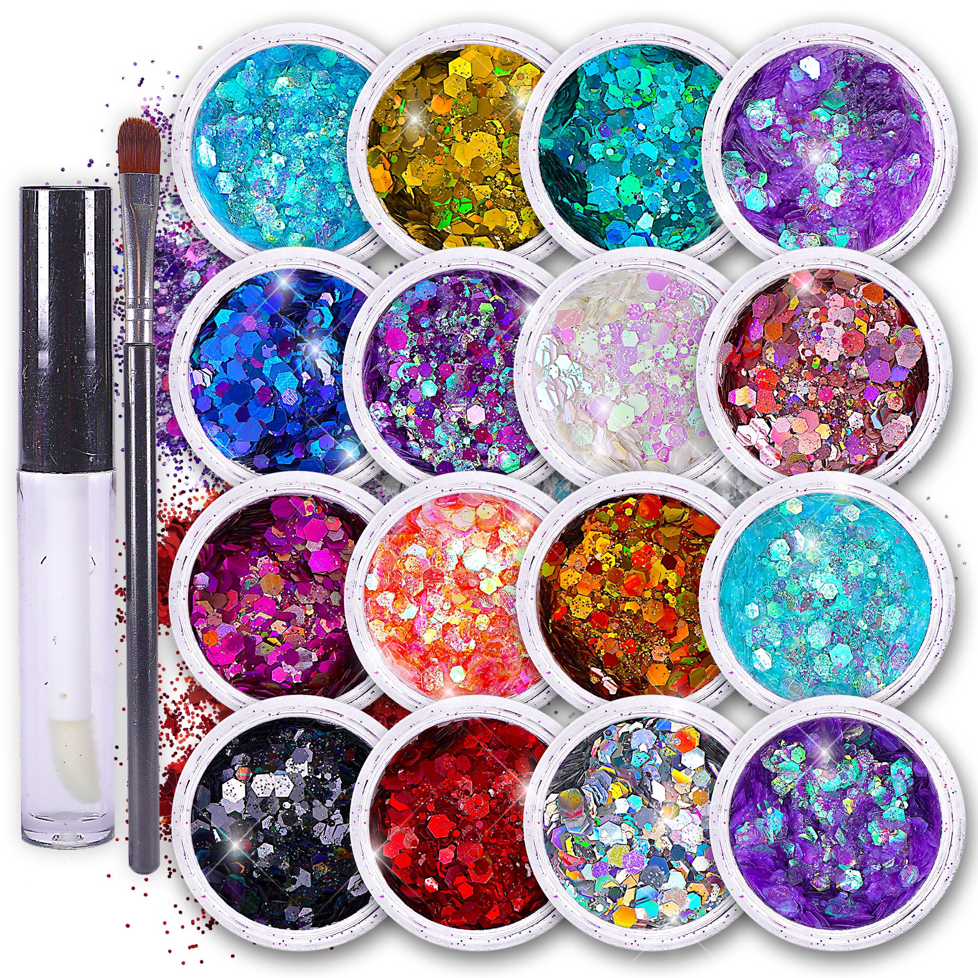 Fairy Tears Chunky Holographic Body Glitter I 16 Colors + Glitter Glue for Face Glitter Makeup, Hair, Eye & Fine Glitter Eyeshadow - Perfect for Halloween, Resin, Tumblers, Craft, Cosmetic & Nail Art - SoJourner Bags
