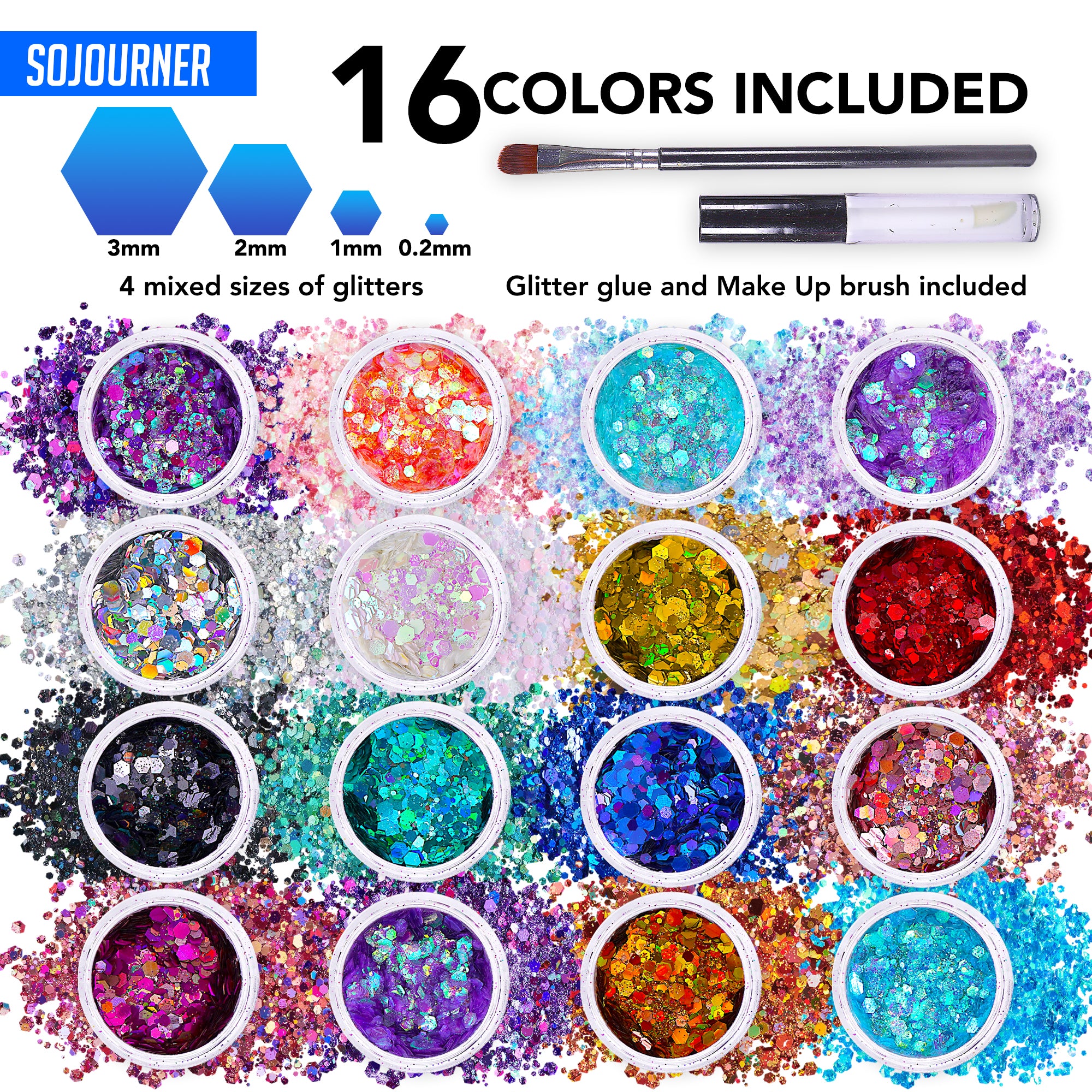 16 pack + 1 glitter glue Chunky Cosmetic Holographic Glitter | Body, Face & Hair Safe - SoJourner Bags