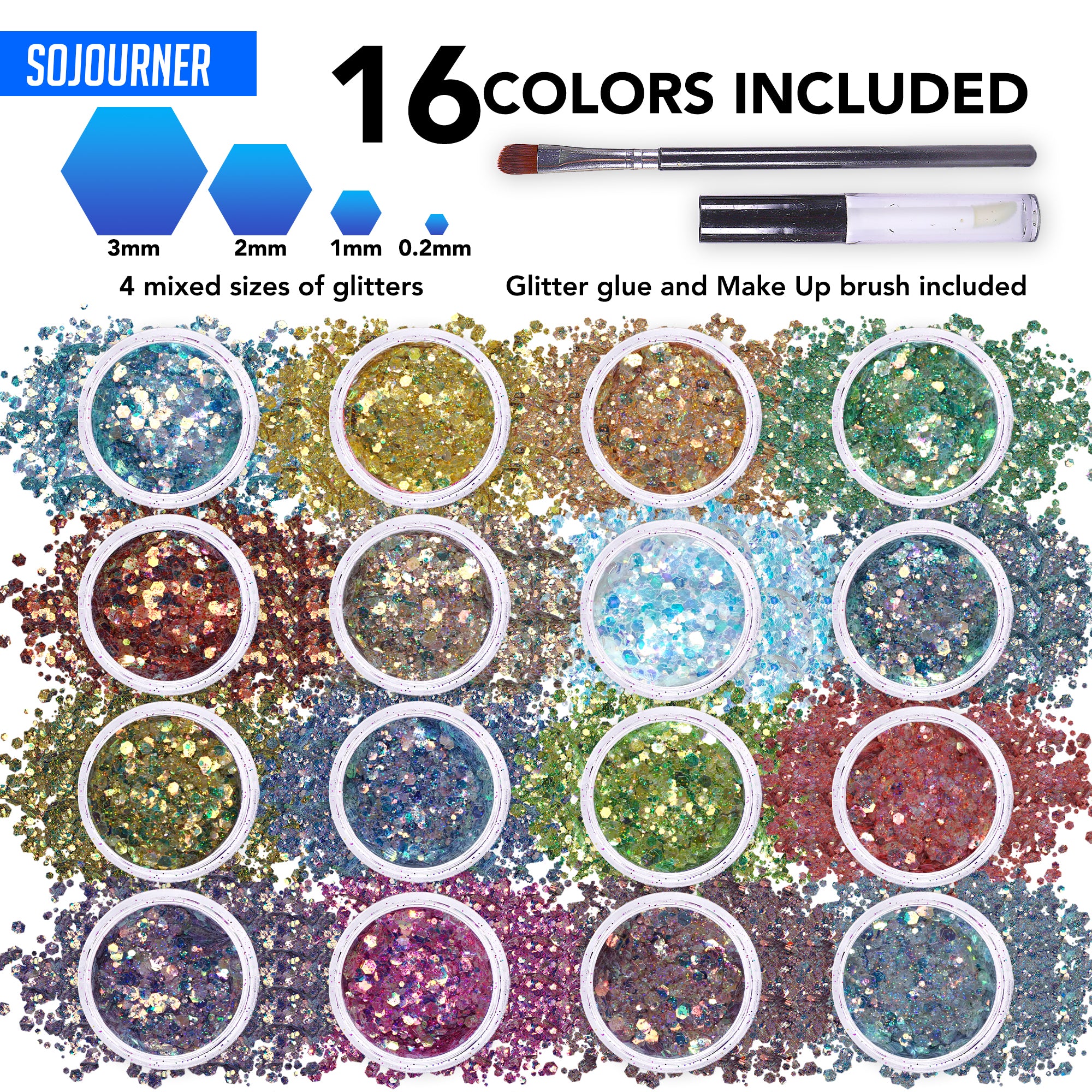 Fairy Tears Chunky Holographic Body Glitter I 16 Colors + Glitter Glue for Face Glitter Makeup, Hair, Eye & Fine Glitter Eyeshadow - Perfect for Halloween, Resin, Tumblers, Craft, Cosmetic & Nail Art - SoJourner Bags
