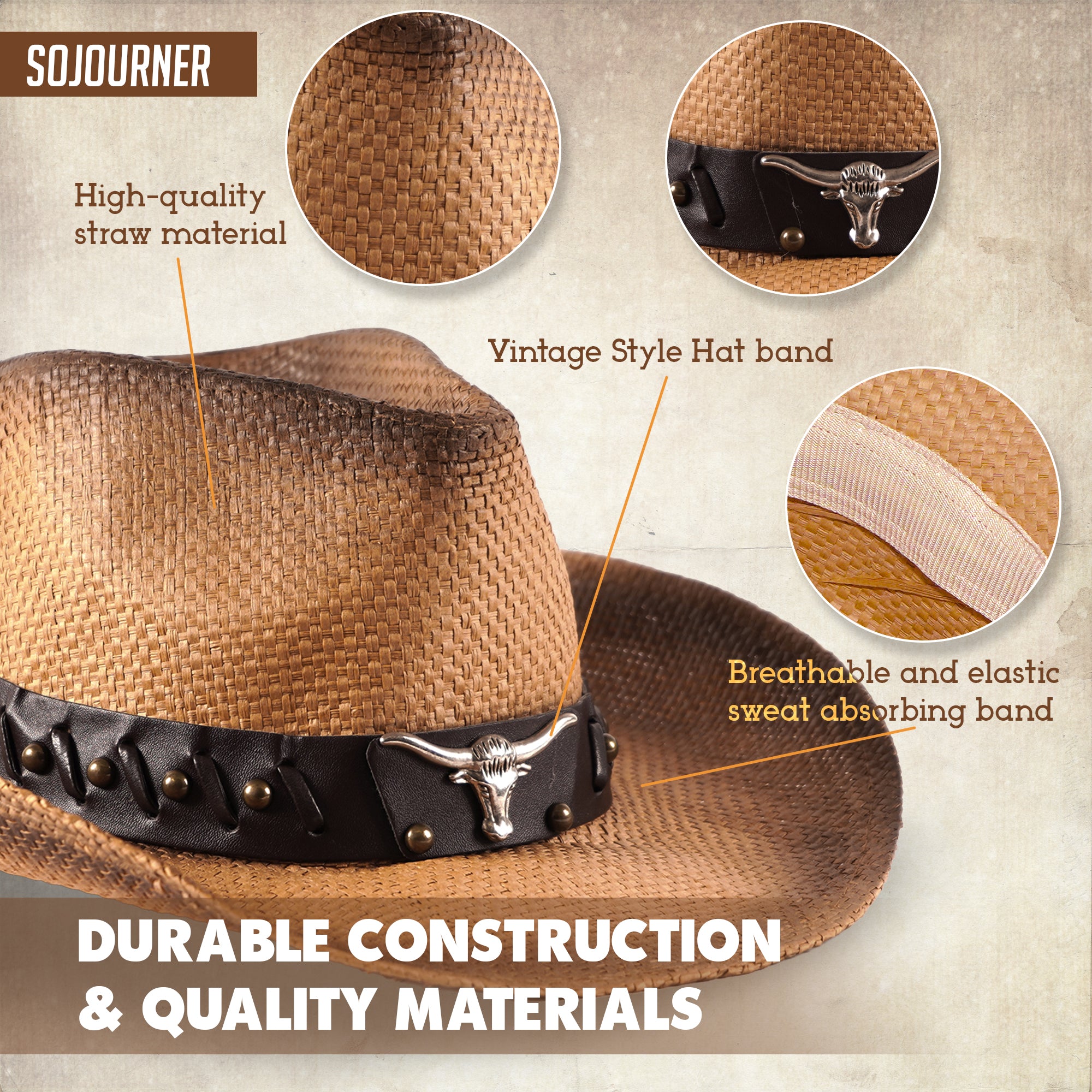 Men & Women's Cowboy Cowgirl Hat - Western Hats for Women, Adjustable Cowboy Hat Men with Wide Brim - SoJourner Bags