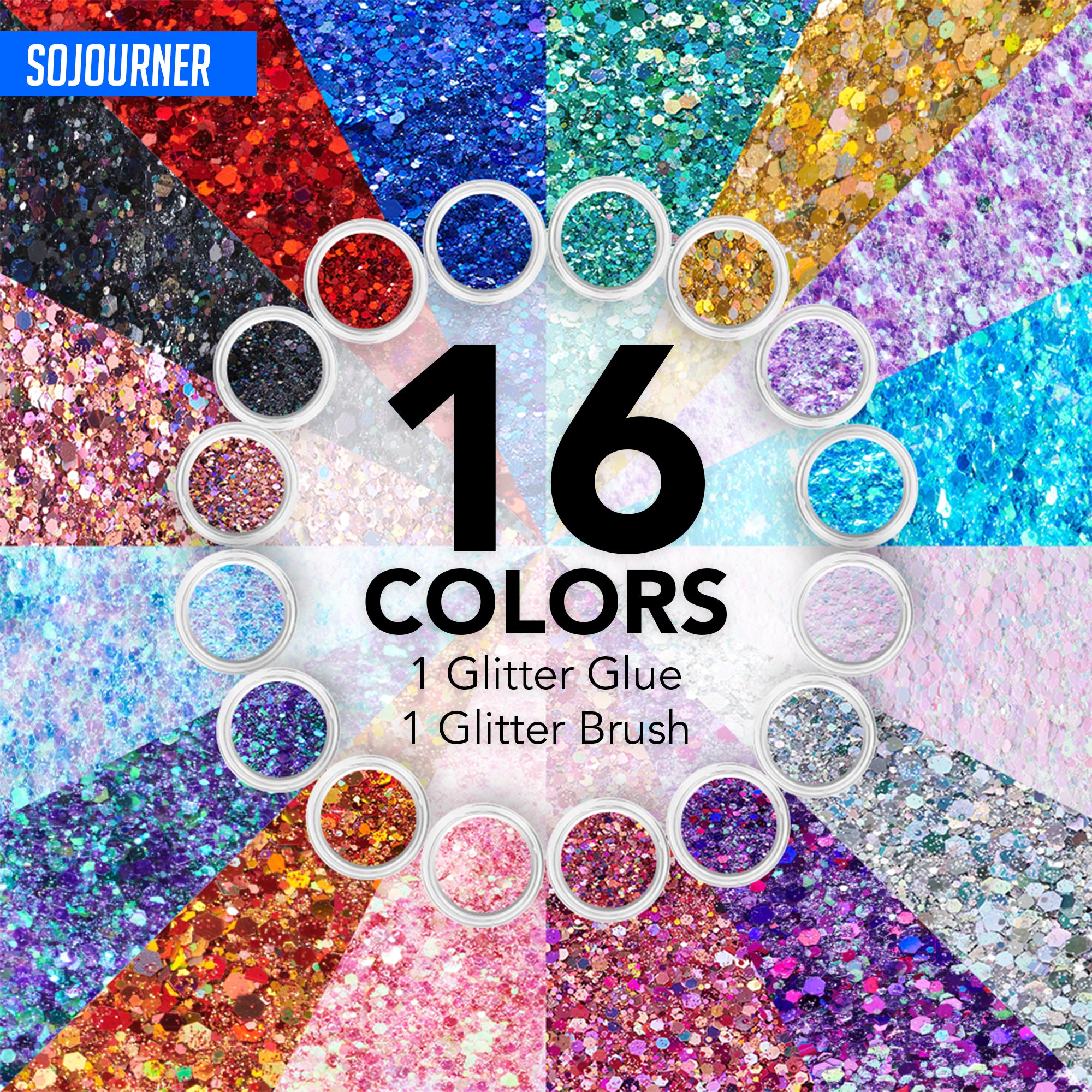 16 pack + 1 glitter glue Chunky Cosmetic Holographic Glitter | Body, Face & Hair Safe - SoJourner Bags