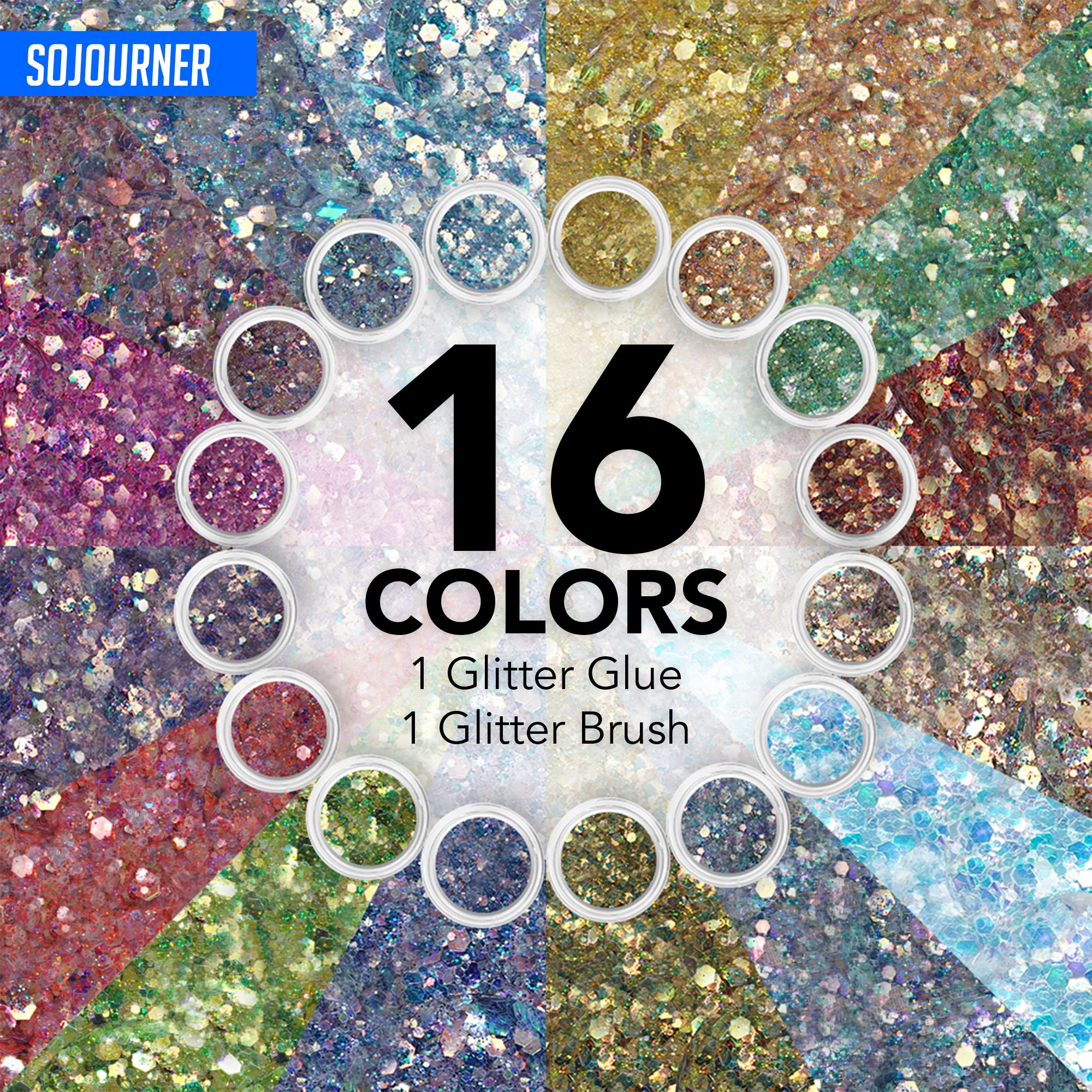 Fairy Tears Chunky Holographic Body Glitter I 16 Colors + Glitter Glue for Face Glitter Makeup, Hair, Eye & Fine Glitter Eyeshadow - Perfect for Halloween, Resin, Tumblers, Craft, Cosmetic & Nail Art - SoJourner Bags