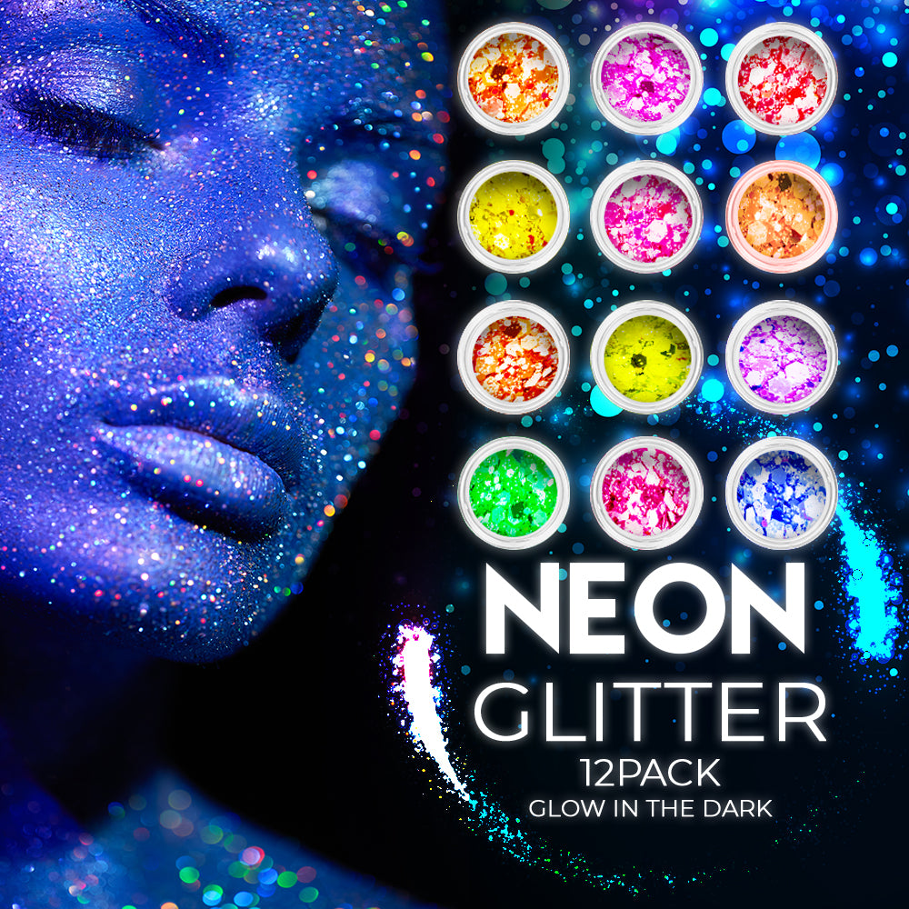 12 pack Neon Glitter + 1 glitter glue Chunky Cosmetic Holographic Glitter | Body, Face & Hair Safe - SoJourner Bags