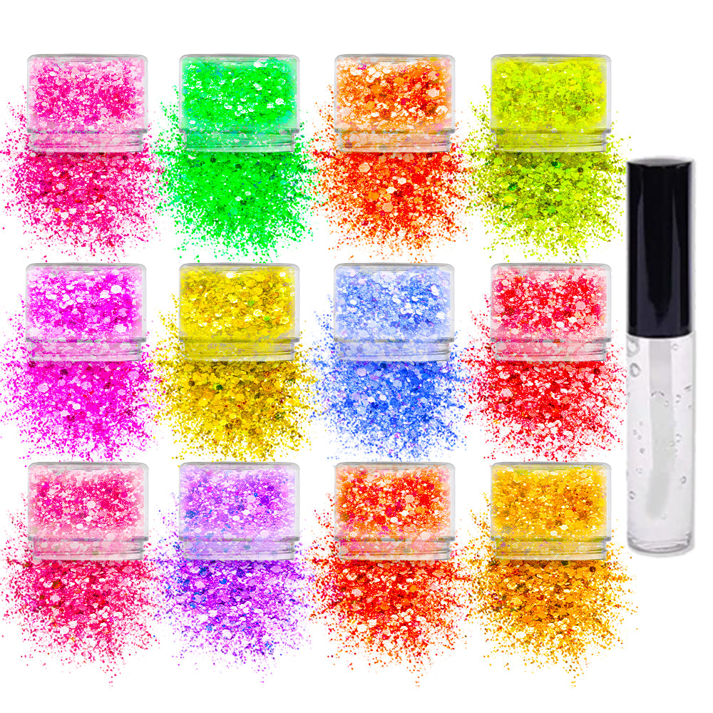 12 pack Neon Glitter + 1 glitter glue Chunky Cosmetic Holographic Glitter | Body, Face & Hair Safe - SoJourner Bags